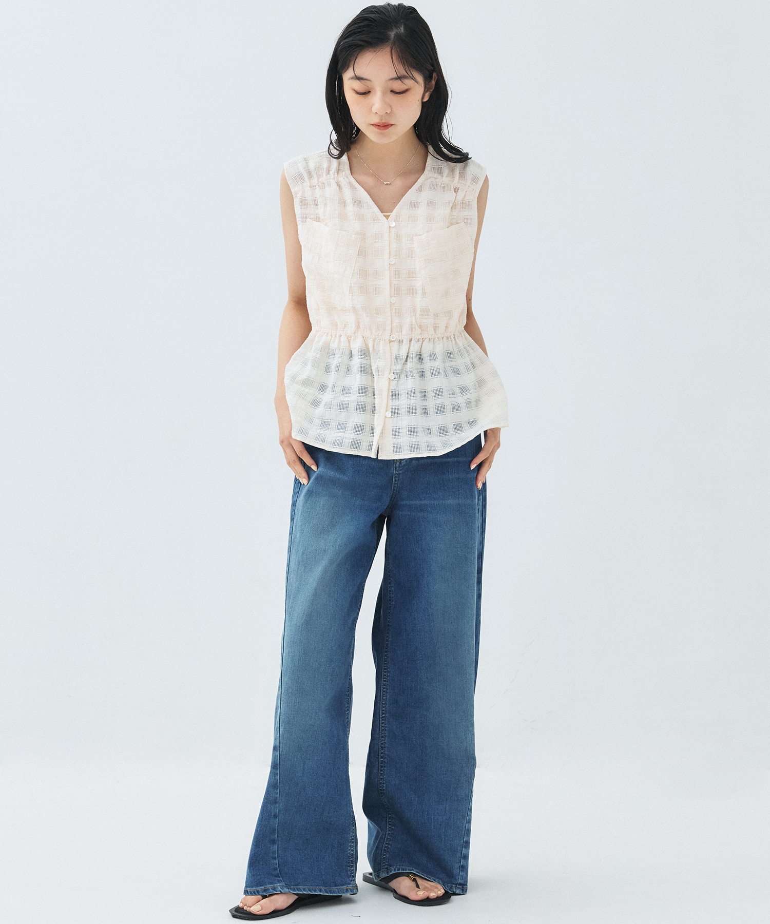 【残り2点】シアーチェックペプラムブラウス